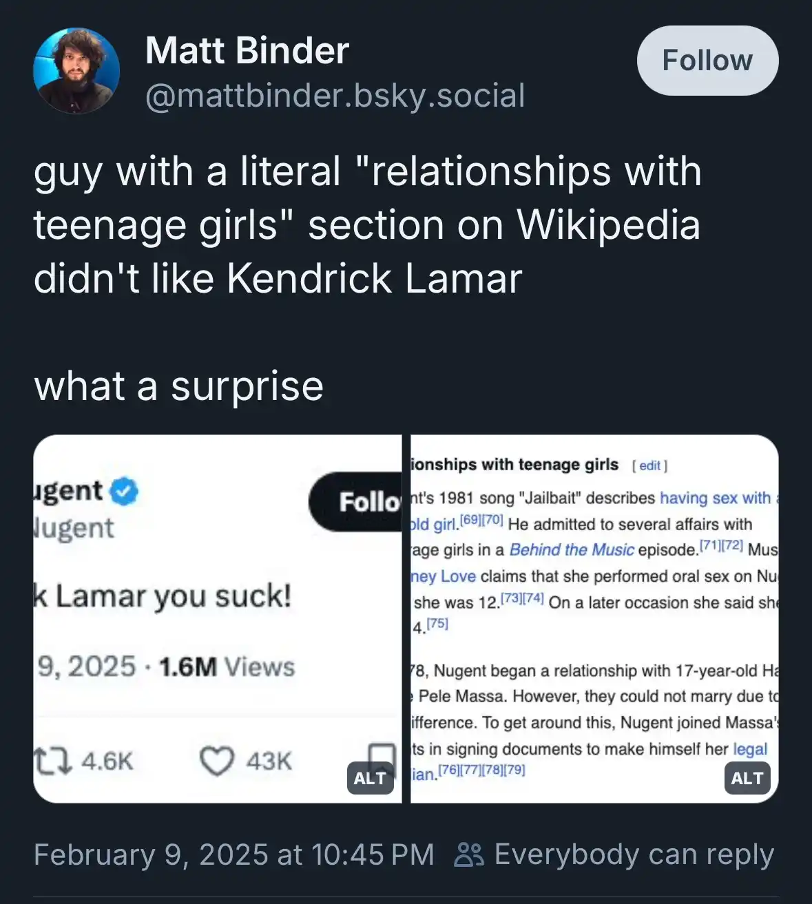 The image shows a social media post by Matt Binder that juxtaposes a tweet criticizing Kendrick Lamar with a screenshot of a…