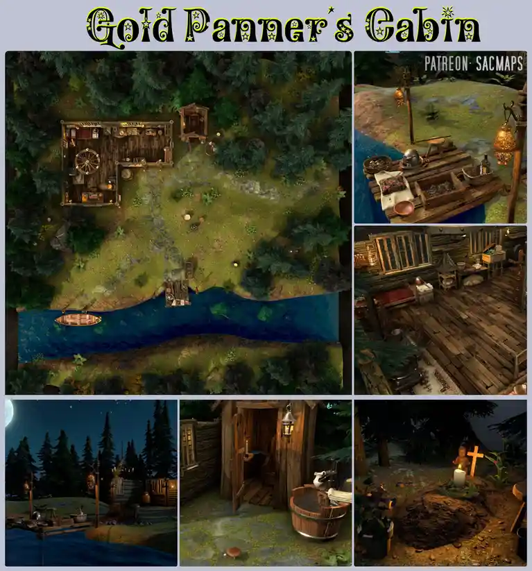 A collage of six images showcasing a detailed fantasy cabin by a river, featuring an overhead map view, exterior shots with…