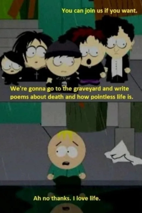 The meme features two panels from the animated show South Park. In the top panel, five characters in dark clothing look at…