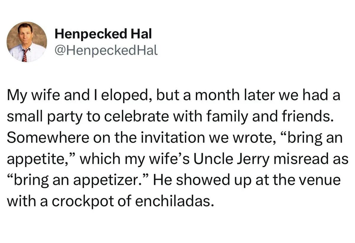 A screenshot of a tweet from user Henpecked Hal showing a humorous anecdote about a party invitation misread. The text…