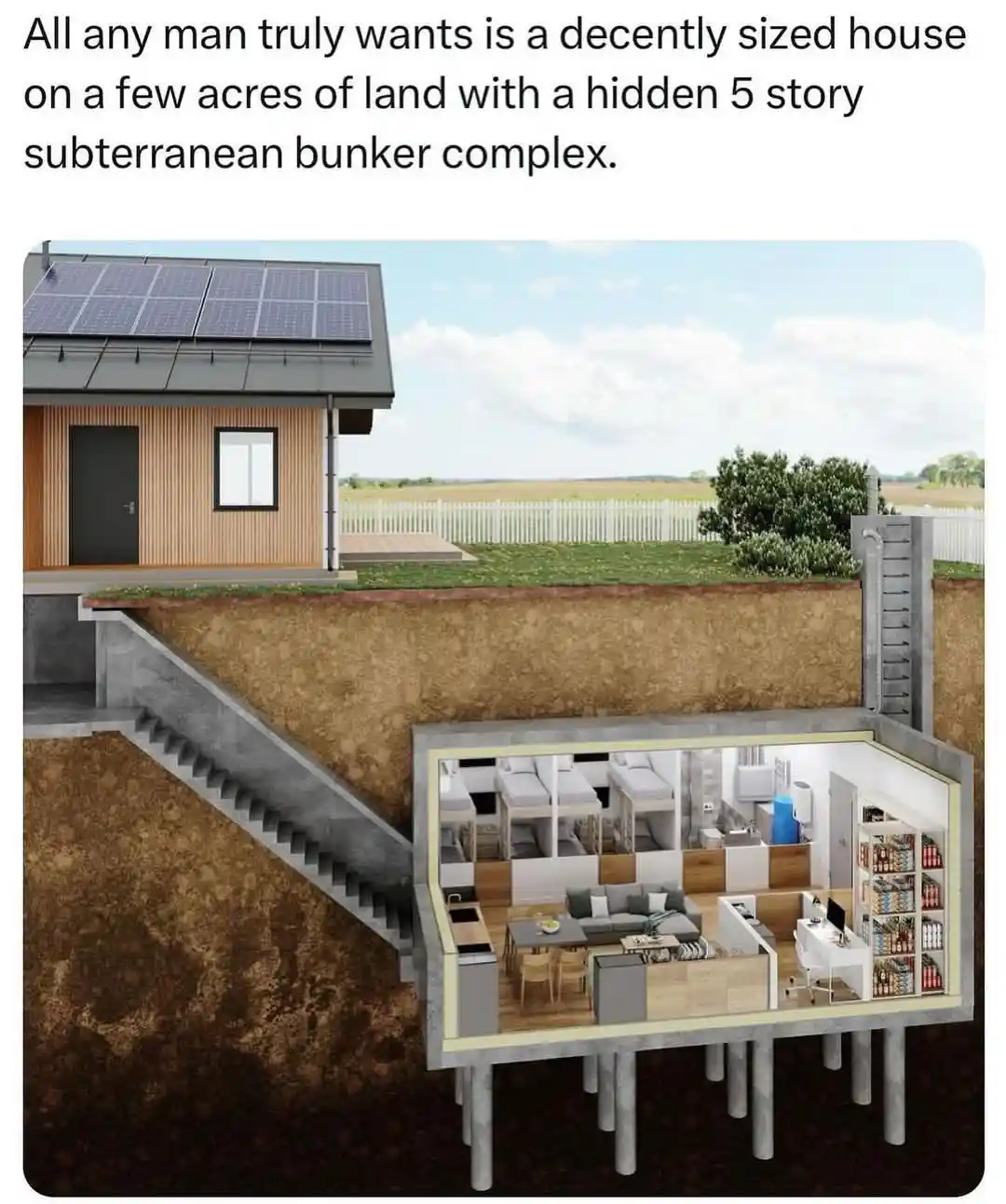 An architectural rendering shows a modern, modest-sized house with solar panels on the roof, set on a grassy plot with a…