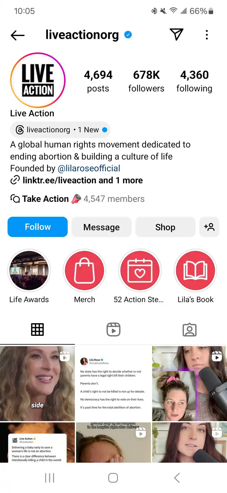 An Instagram profile page for 'Live Action' org showing 678K followers, a bio describing it as a movement to end abortion…