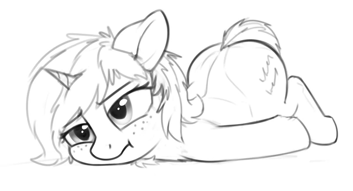 A black-and-white sketch of a chibi-style anthropomorphic cat lying down with large, teary eyes and a sad expression…