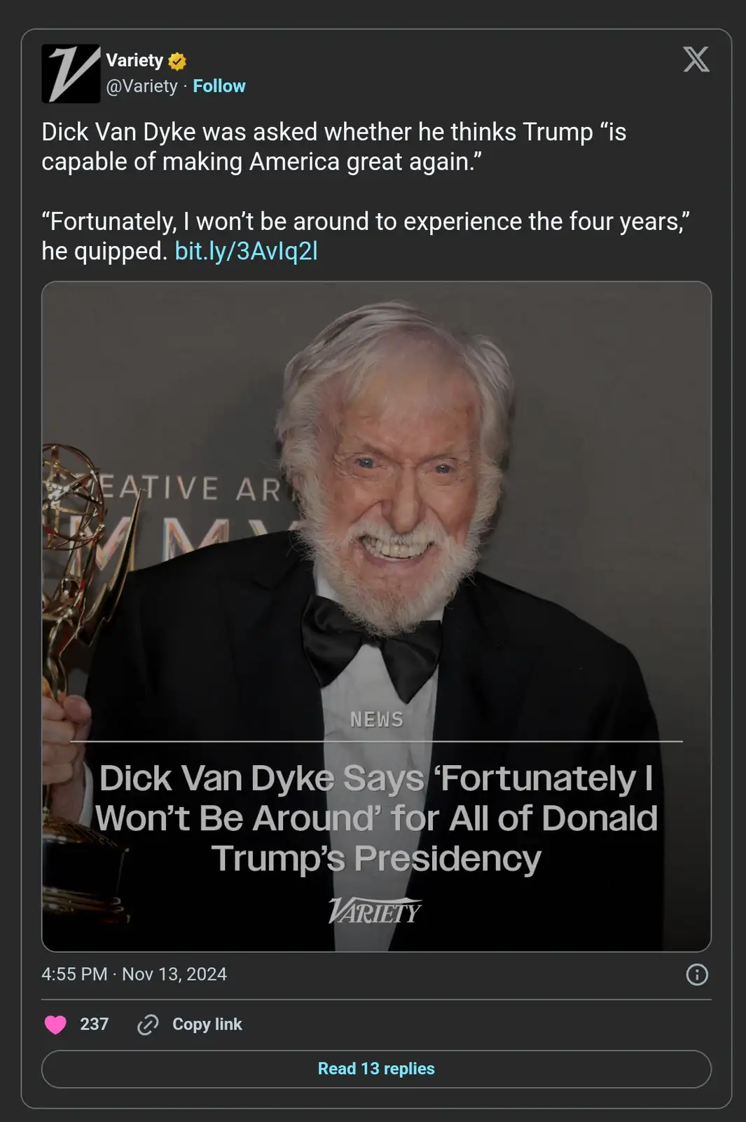 A screenshot of a Variety X post featuring a photo of elderly actor Dick Van Dyke in a tuxedo holding an Emmy award. The…