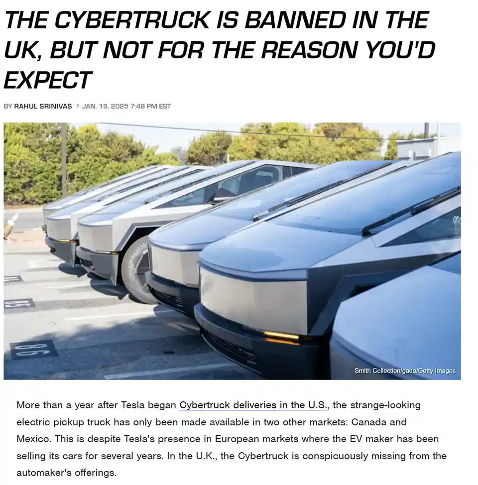A row of silver Tesla Cybertruck electric pickup trucks parked in a lot, with bold black text overlaid at the top reading…