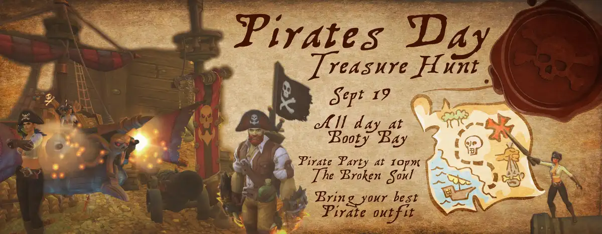 A promotional poster for a 'Pirates Day Treasure Hunt' event on Sept 19, featuring pirate-themed imagery including ships…