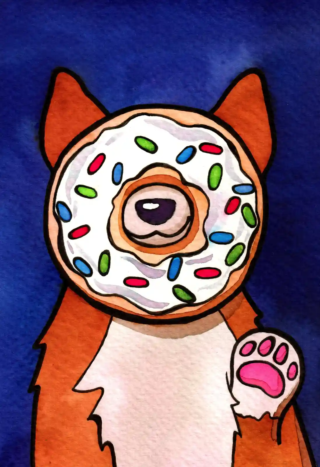A cartoon drawing of an orange and white dog with a donut-shaped head covered in white icing and colorful sprinkles, set…