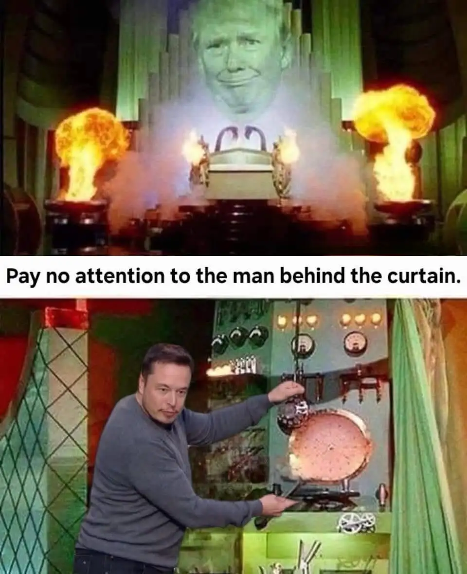 The top panel shows a large, smiling portrait of Donald Trump behind a theatrical curtain, flanked by two fiery explosions…