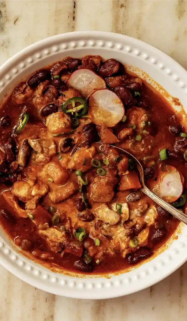 A close-up photo of a white bowl filled with a thick, reddish-brown chili containing chunks of meat, black beans, sliced…