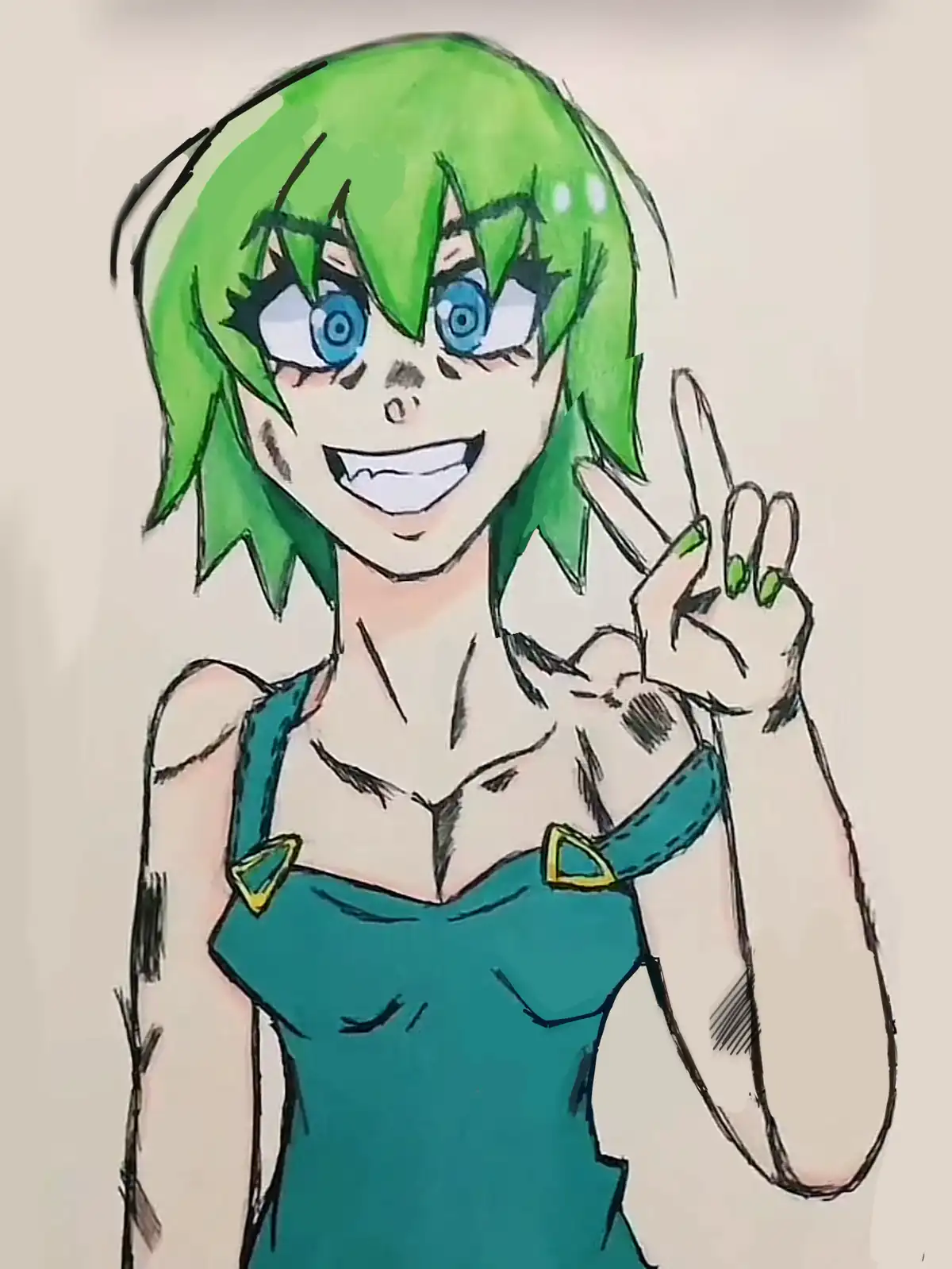 A hand-drawn anime-style illustration of a person with short green hair, blue eyes, and a wide grin, wearing a teal dress…