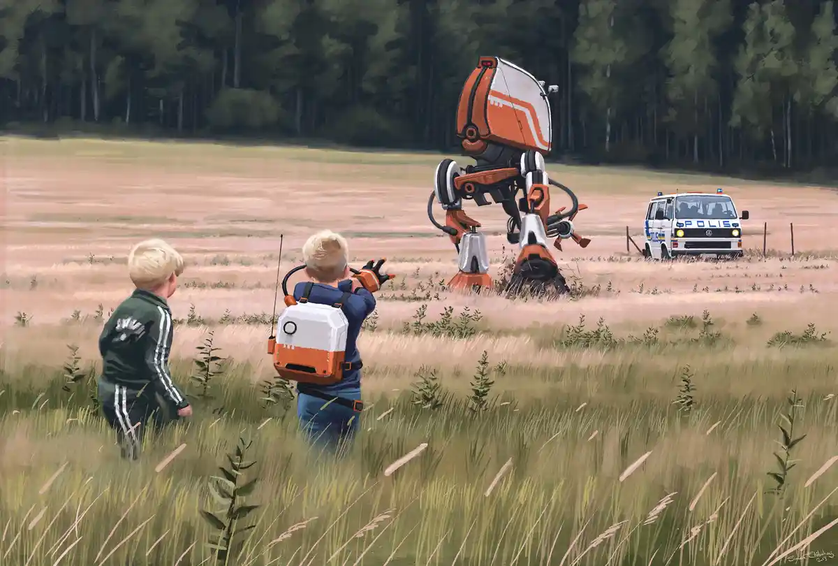 Two children stand in a grassy field, one aiming a toy gun at a large orange and white robot while the other watches. In the…
