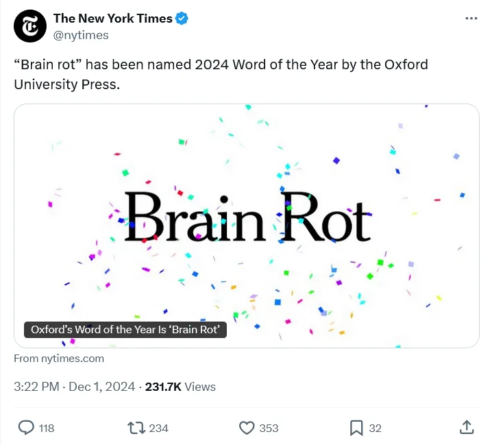 A screenshot of a New York Times tweet announcing 'Brain Rot' as the 2024 Word of the Year by Oxford University Press…