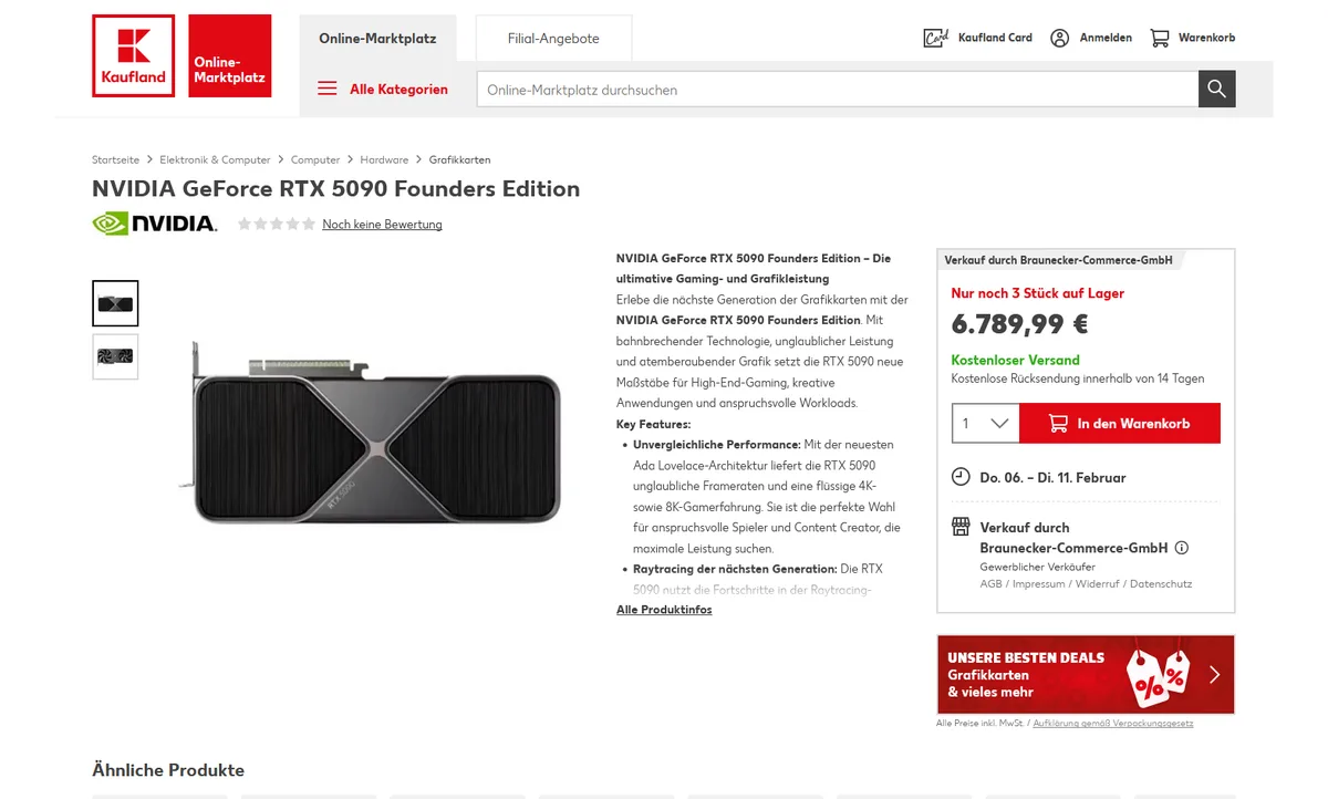 A screenshot of a Kaufland online marketplace product page for the NVIDIA GeForce RTX 5090 Founders Edition graphics card…