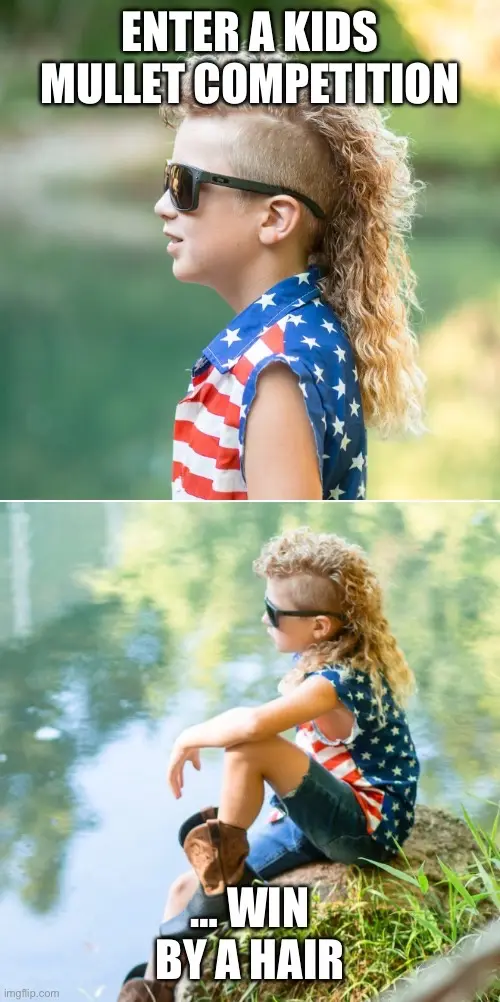 The image is a two-panel meme featuring a young boy with a large, curly mullet hairstyle and sunglasses, wearing an American…