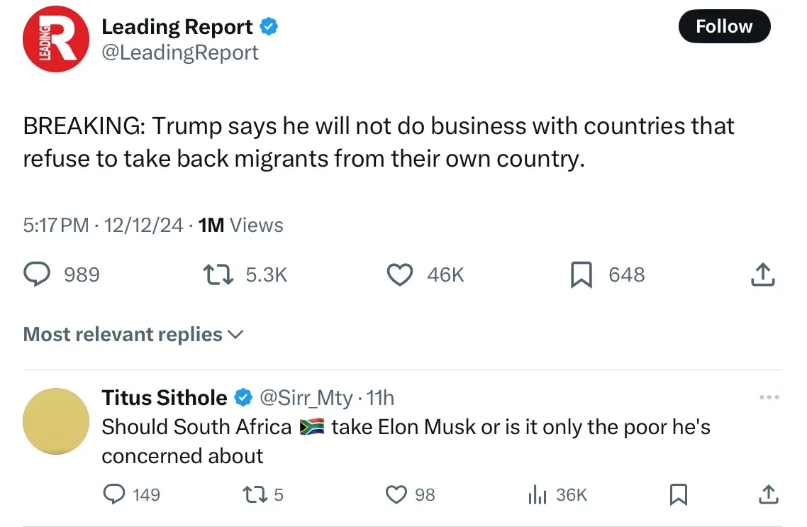 A screenshot of a Twitter post from 'Leading Report' announcing a 'BREAKING' news story about Trump's business policy…