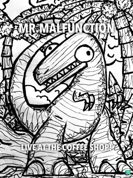 A black-and-white, sketch-style drawing of a large, goofy-looking monster with one big eye, a wide toothy grin, and clawed…