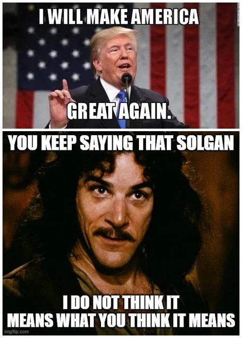 The image is a two-panel meme. The top panel shows Donald Trump speaking in front of an American flag with the text 'I WILL…