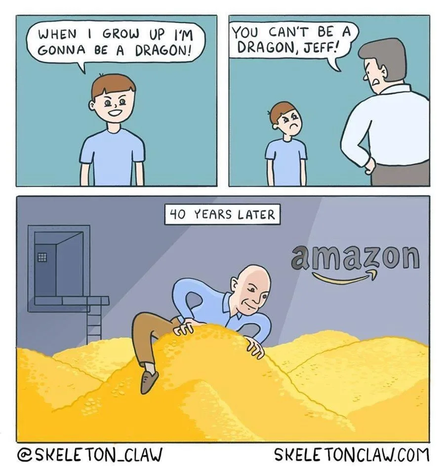 A three-panel comic shows a child declaring he'll be a dragon, his father dismissing the idea, and 40 years later, the now…