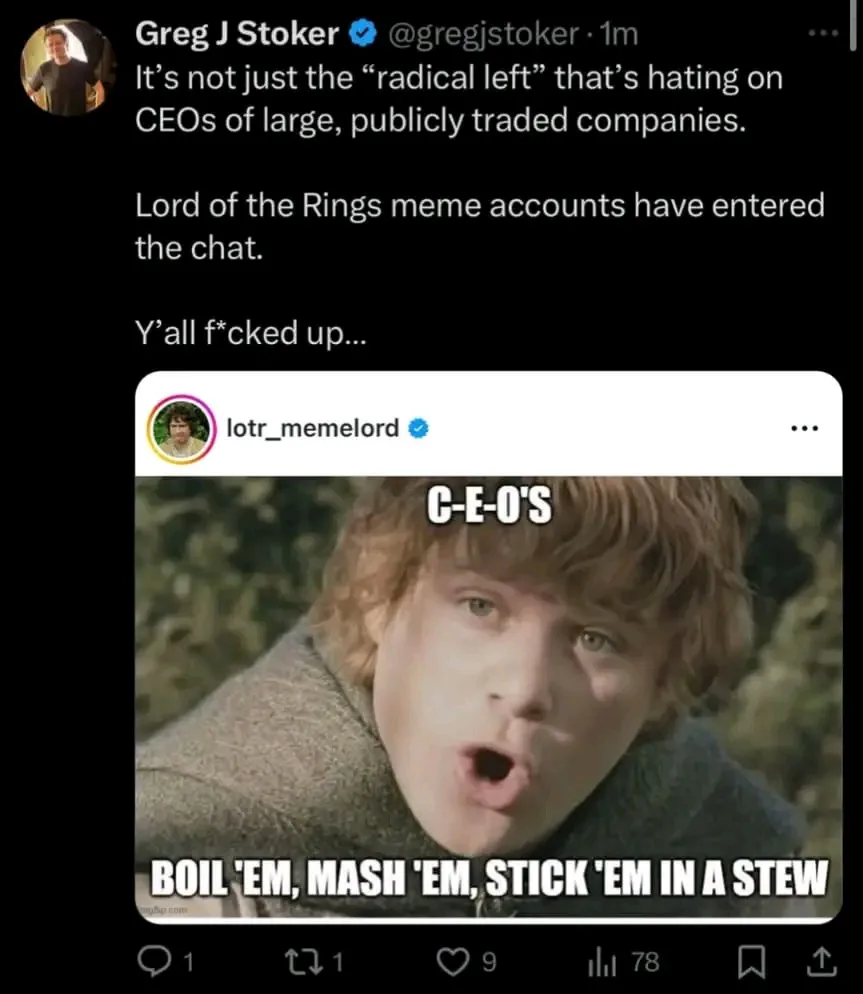 A screenshot of a Twitter thread where Greg J Stoker comments on criticism of CEOs, noting 'Lord of the Rings' meme accounts…