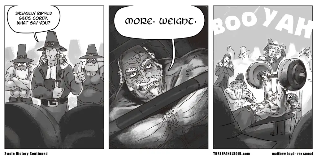 A three-panel comic strip depicts Puritan-era figures in a modern gym setting. In the first panel, three men in pilgrim hats…