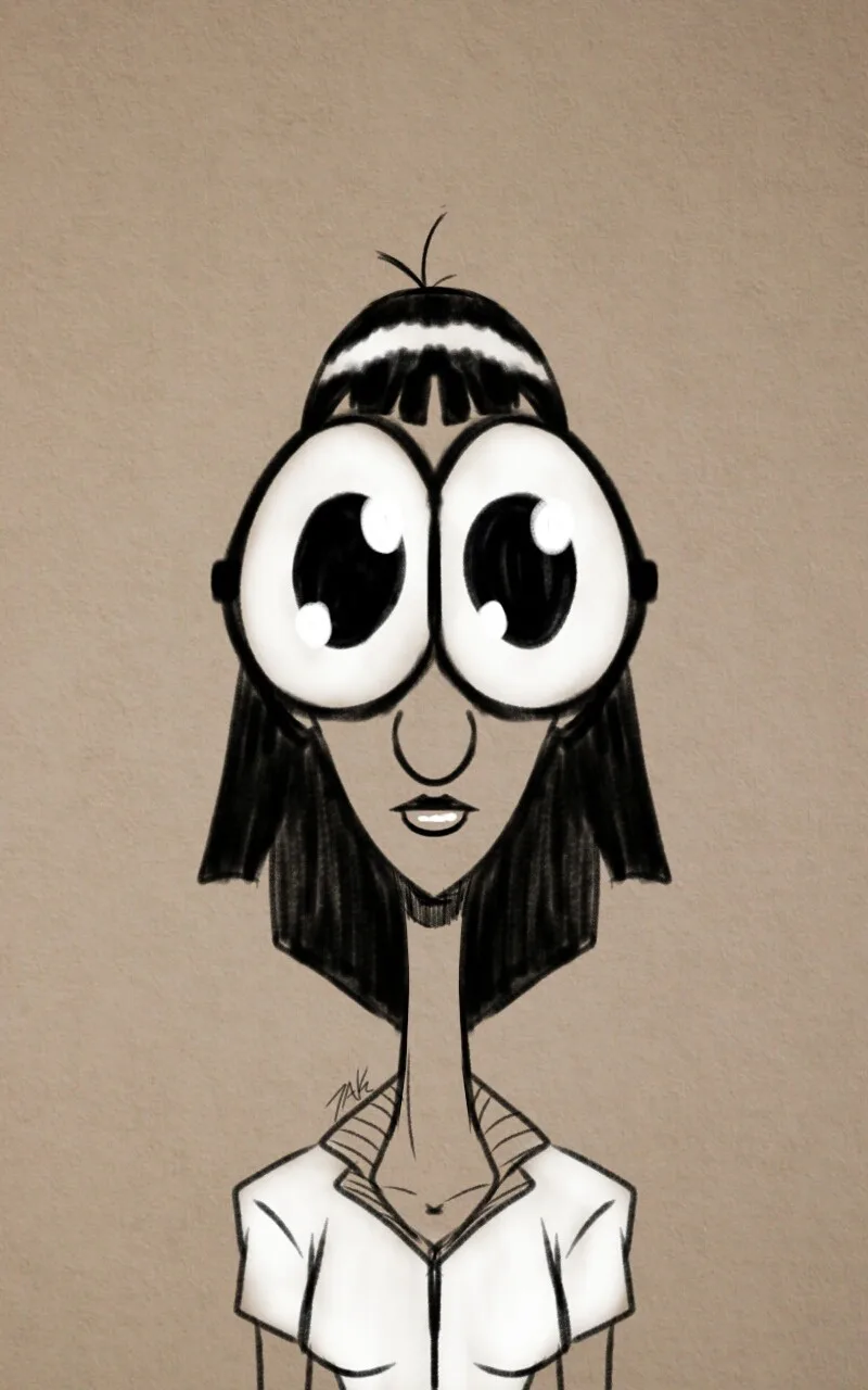 A black-and-white cartoon drawing of a woman with extremely large, wide eyes and a neutral expression, wearing a collared…