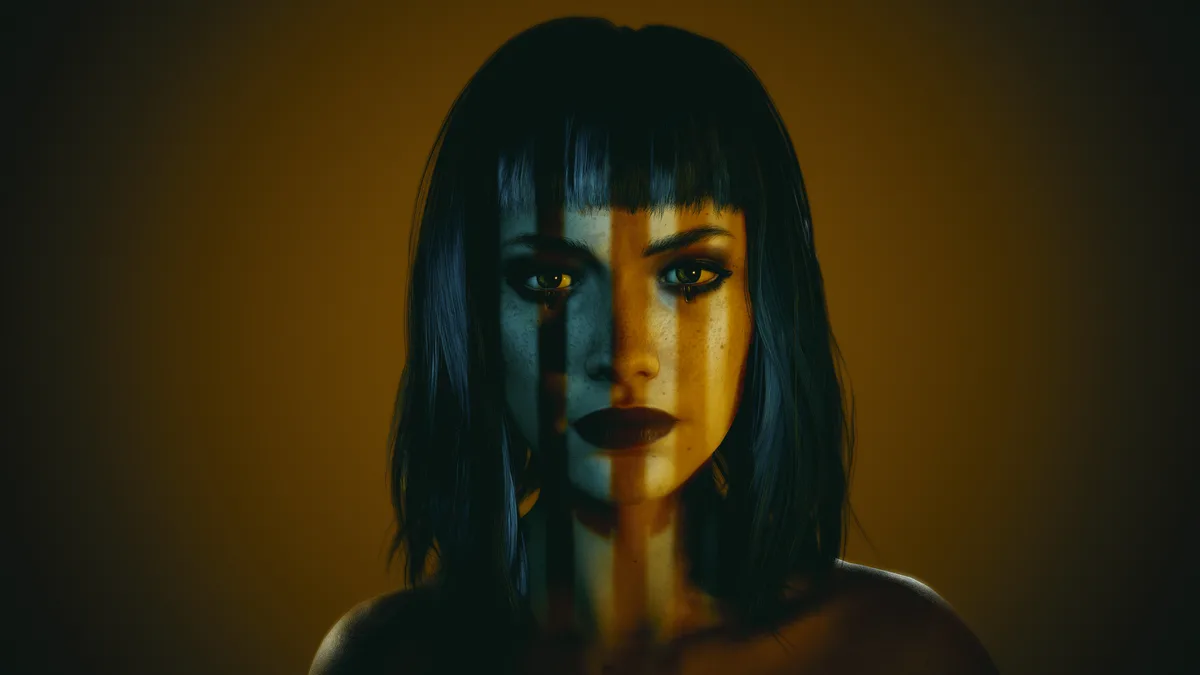 A woman with dark hair and bangs stares directly at the viewer, her face split vertically by harsh, alternating blue and…
