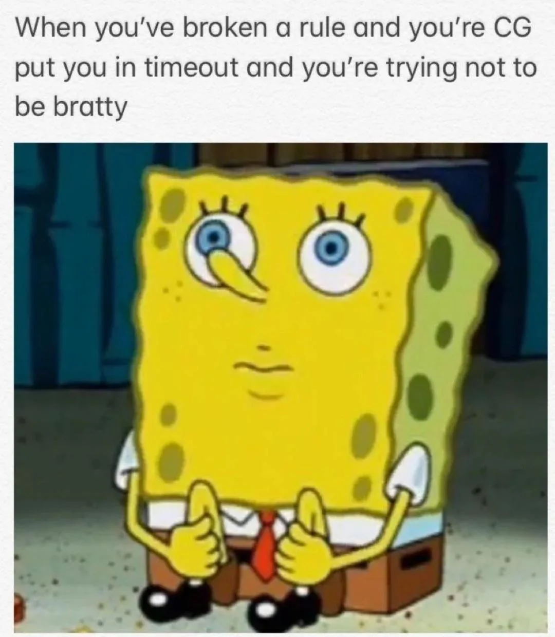 The image shows the animated character SpongeBob SquarePants standing with a smug, self-satisfied expression, giving two…