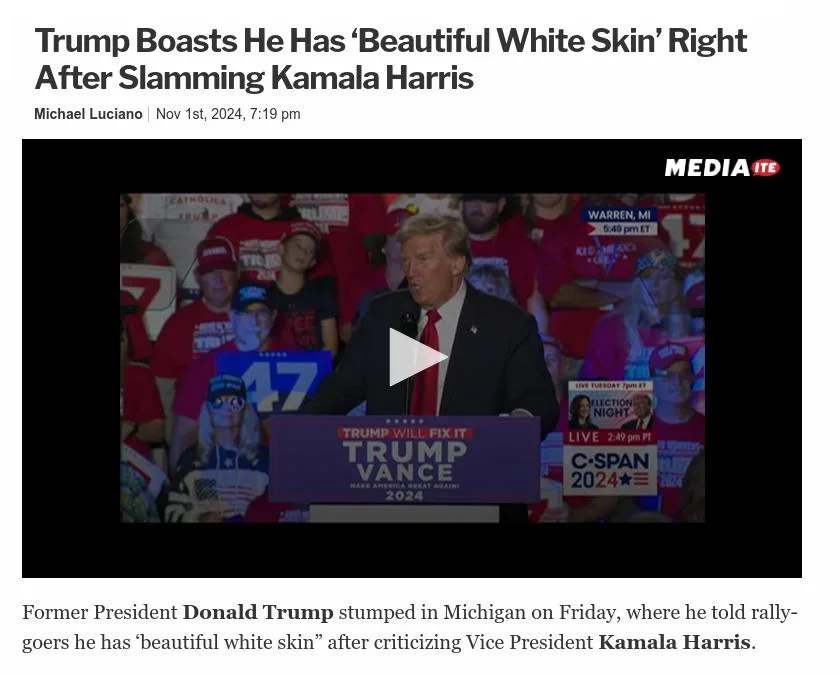 A screenshot of a news article shows a video thumbnail of Donald Trump speaking at a rally. He is at a podium with 'TRUMP…