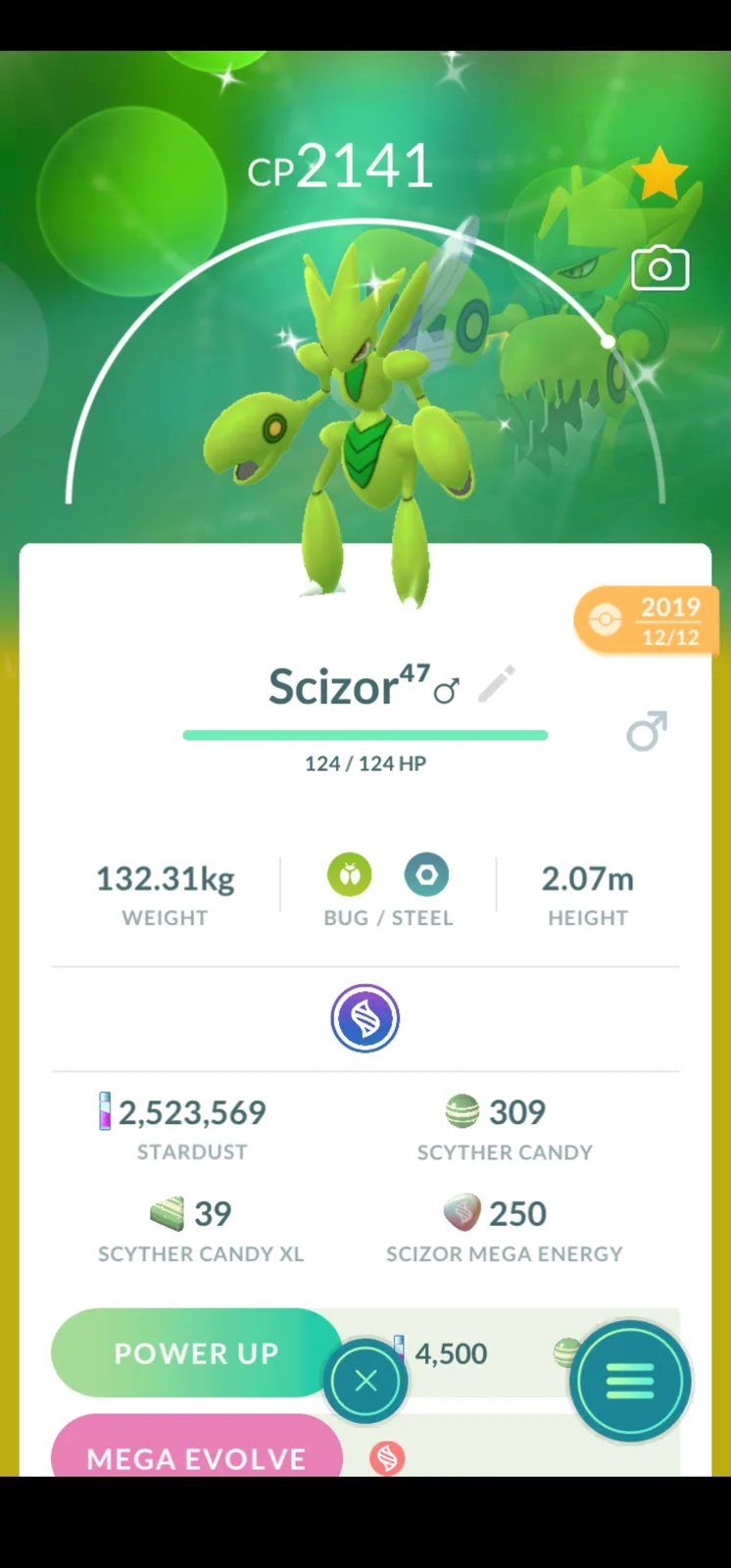 A screenshot from Pokémon GO shows a male Scizor with a CP of 2141, 124/124 HP, and a shiny star icon. The Pokémon's stats…