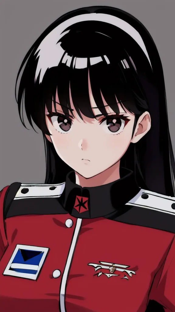 An anime-style illustration of a young woman with black hair and bangs, wearing a red military-style uniform with black…