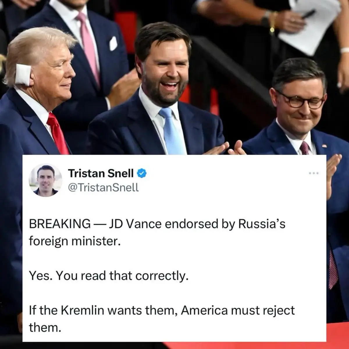 A photo shows three men in suits, including Donald Trump on the left with a white bandage on his ear, JD Vance in the center…