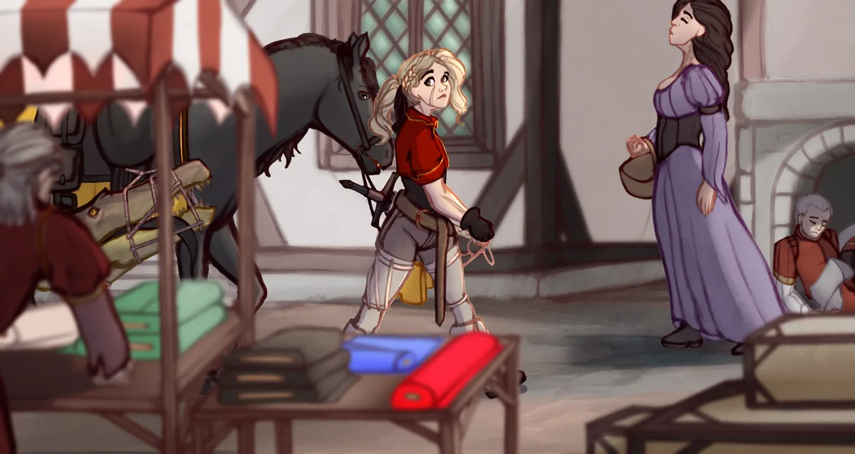 A blonde woman in red and grey medieval-style armor walks past a stall with a large, armored dragon head mounted on a horse…