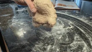 A six-panel sequence shows a person kneading dough on a floured countertop, with an open book in the background. The text…