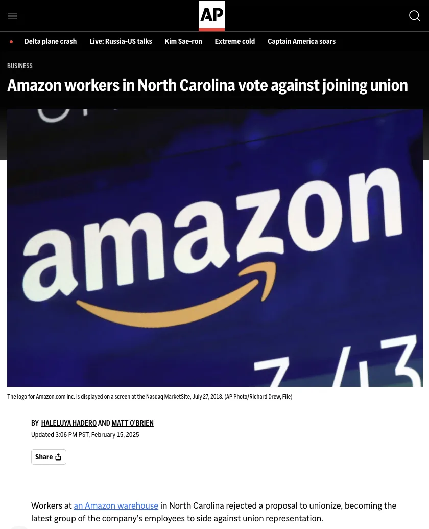 A screenshot of an Associated Press news article with the headline 'Amazon workers in North Carolina vote against joining…