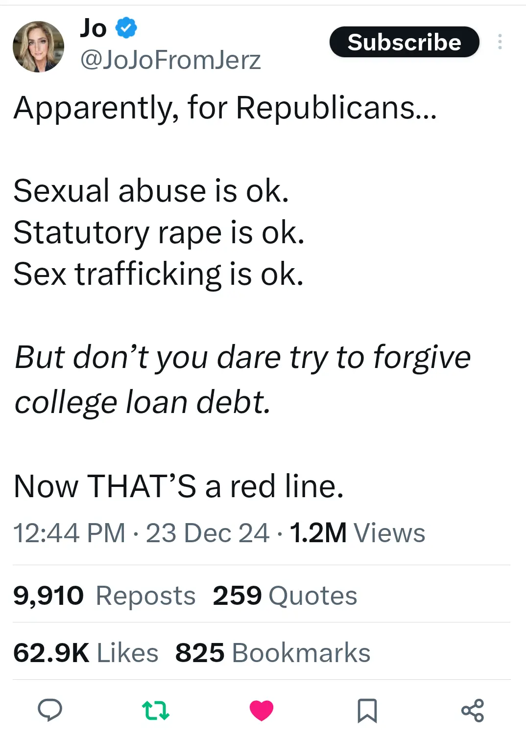 A screenshot of a social media post by 'Jo' (@JoJoFromJerz) with overlaid text listing a series of controversial statements…