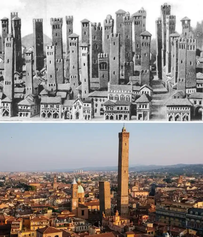 The image is a two-panel meme. The top panel shows a historical black-and-white photo of a dense cluster of medieval towers…