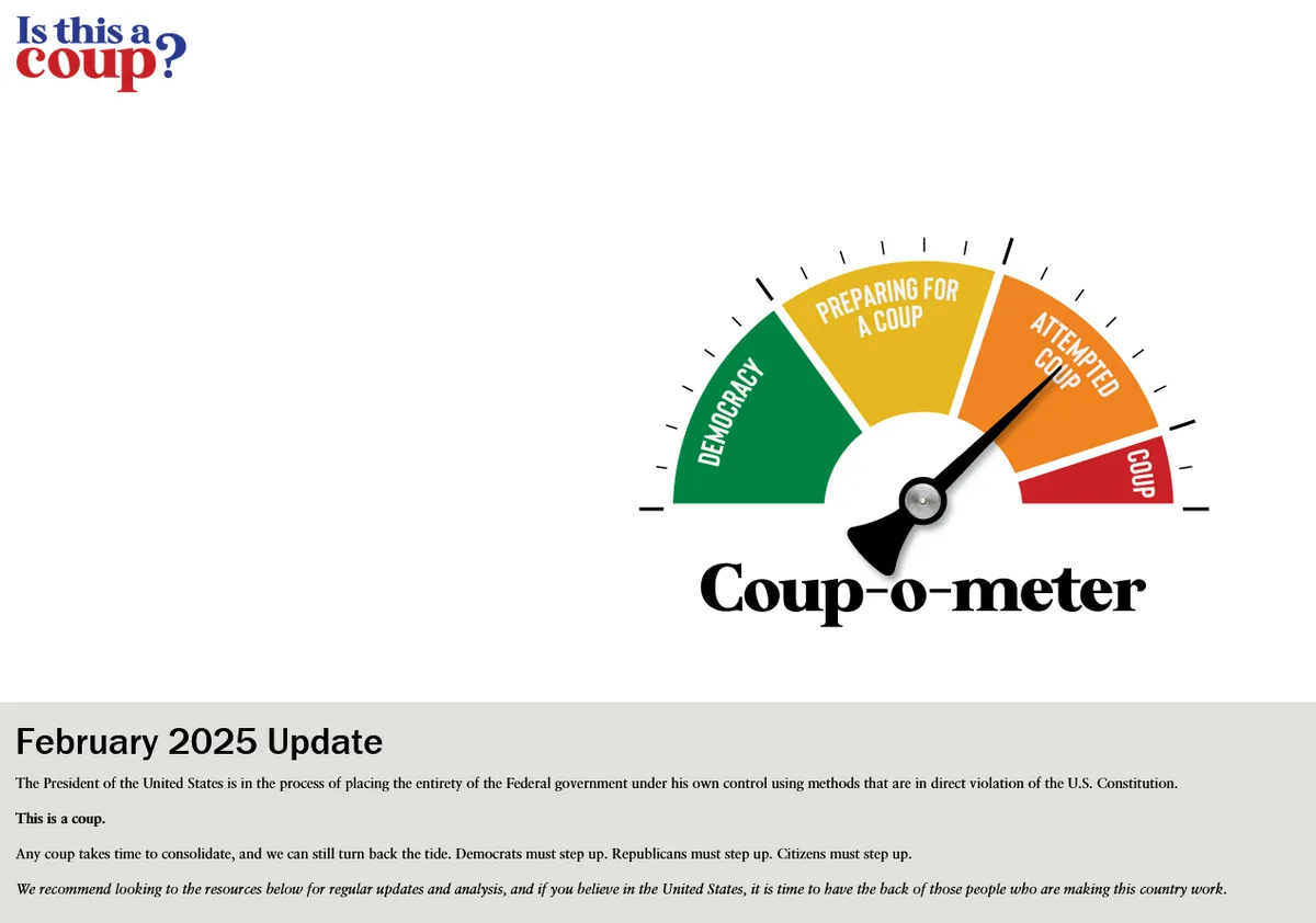 An image of a fictional 'Coup-o-meter' gauge with a needle pointing to 'COUP' in red, labeled with sections from 'DEMOCRACY'…