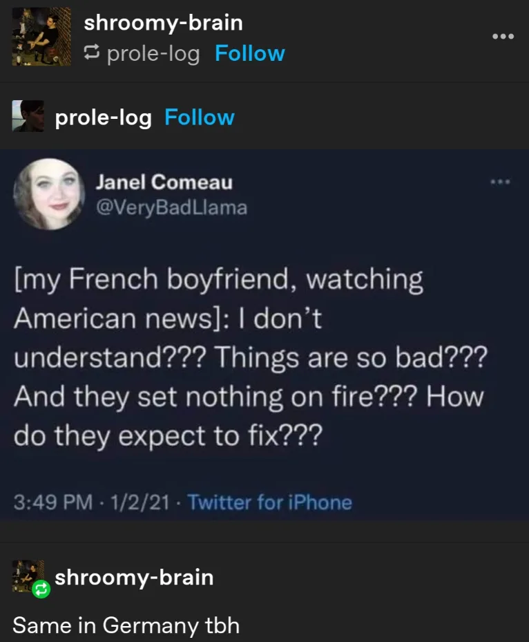 A screenshot of a Twitter post by Janel Comeau (@VeryBadLlama) showing a tweet where her French boyfriend questions American…