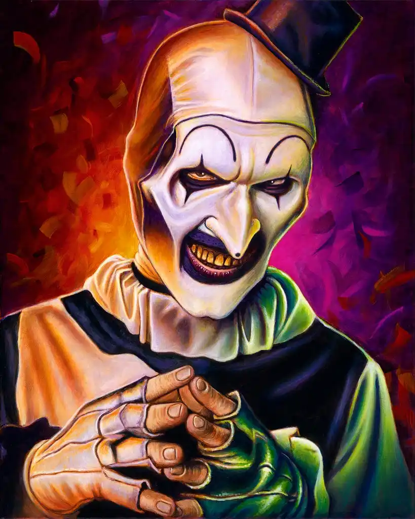 A painted portrait of a menacing clown with white face paint, exaggerated red lips, and a top hat, clutching his hands…