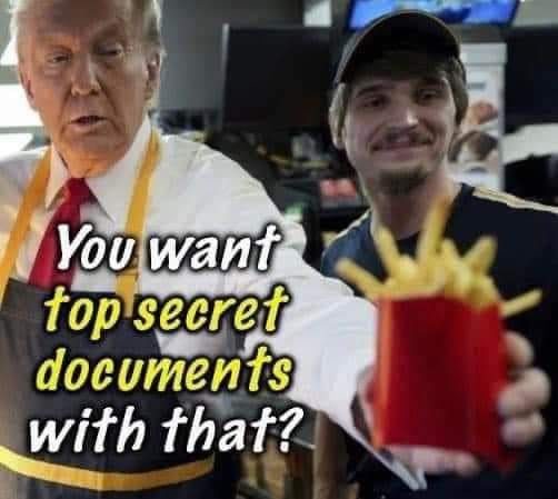 A man in a fast-food uniform, resembling Donald Trump, holds a red fries container while looking surprised. Beside him, a…
