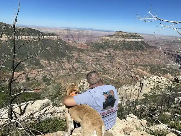 A man with short gray hair, wearing a gray t-shirt with a cartoon graphic, sits on a rocky overlook with his light brown…