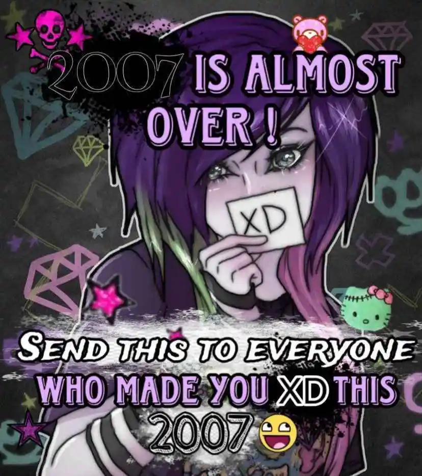 An anime-style girl with purple hair holds a card with 'XD' over her mouth, surrounded by glittery skulls, diamonds, and…