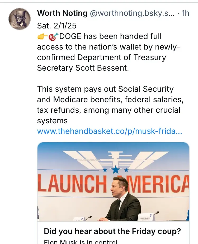 A screenshot of a social media post showing a photo of Elon Musk at a 'LAUNCH AMERICA' event, overlaid with text claiming…