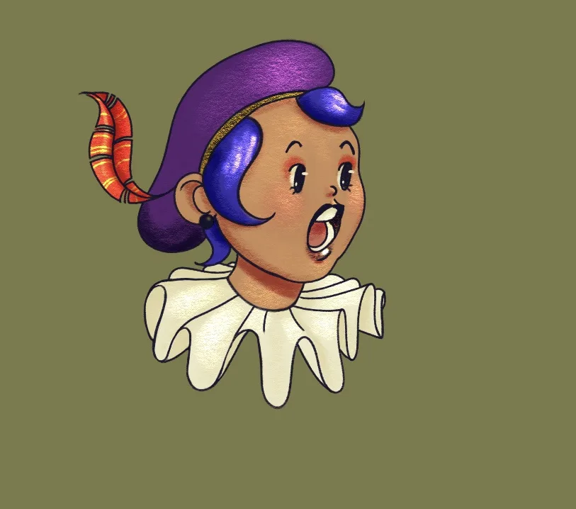 A cartoon illustration of a person with purple hair, an orange feather in their hair, and a white ruffled collar, looking…