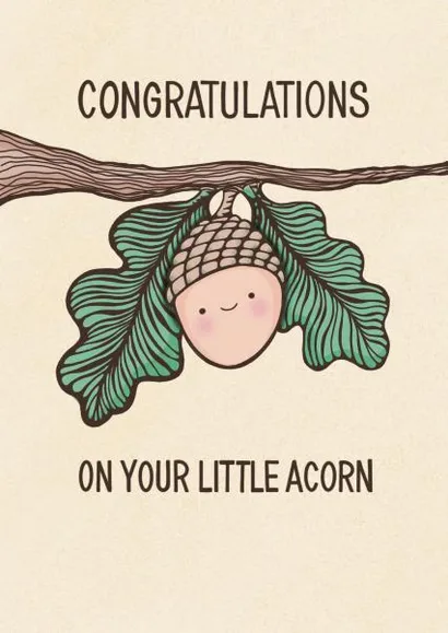 A cartoon illustration of a smiling acorn with a face, rosy cheeks, and green oak leaves hanging from a brown tree branch…