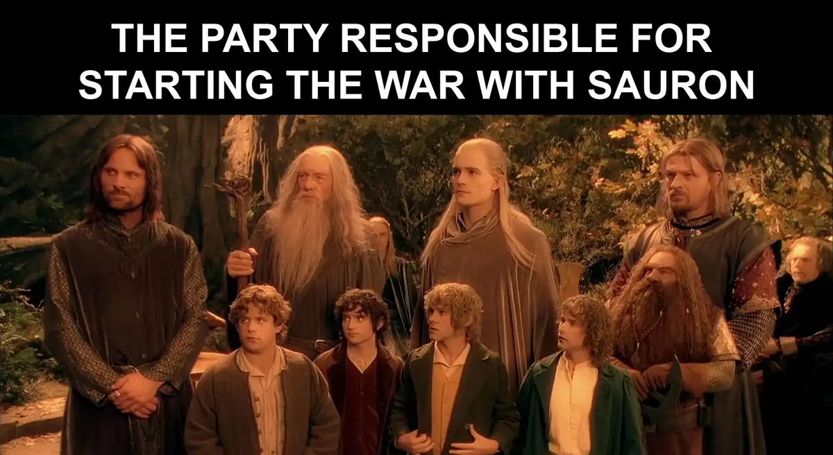 The image shows the Fellowship of the Ring from 'The Lord of the Rings' standing together in a forest setting. The overlaid…
