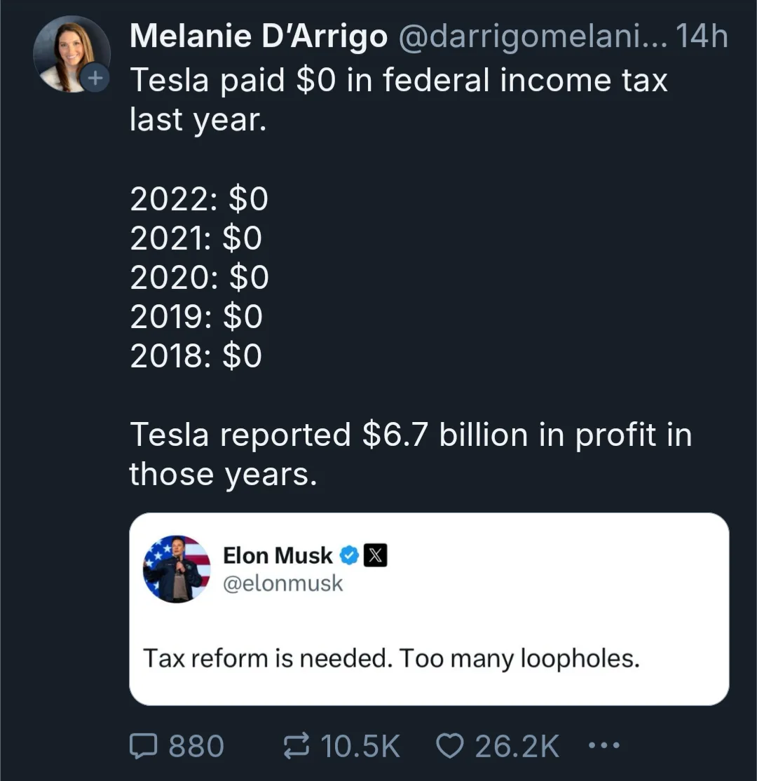 A screenshot of a tweet by Melanie D'Arrigo showing Tesla paid $0 federal income tax from 2018 to 2022 despite reporting…