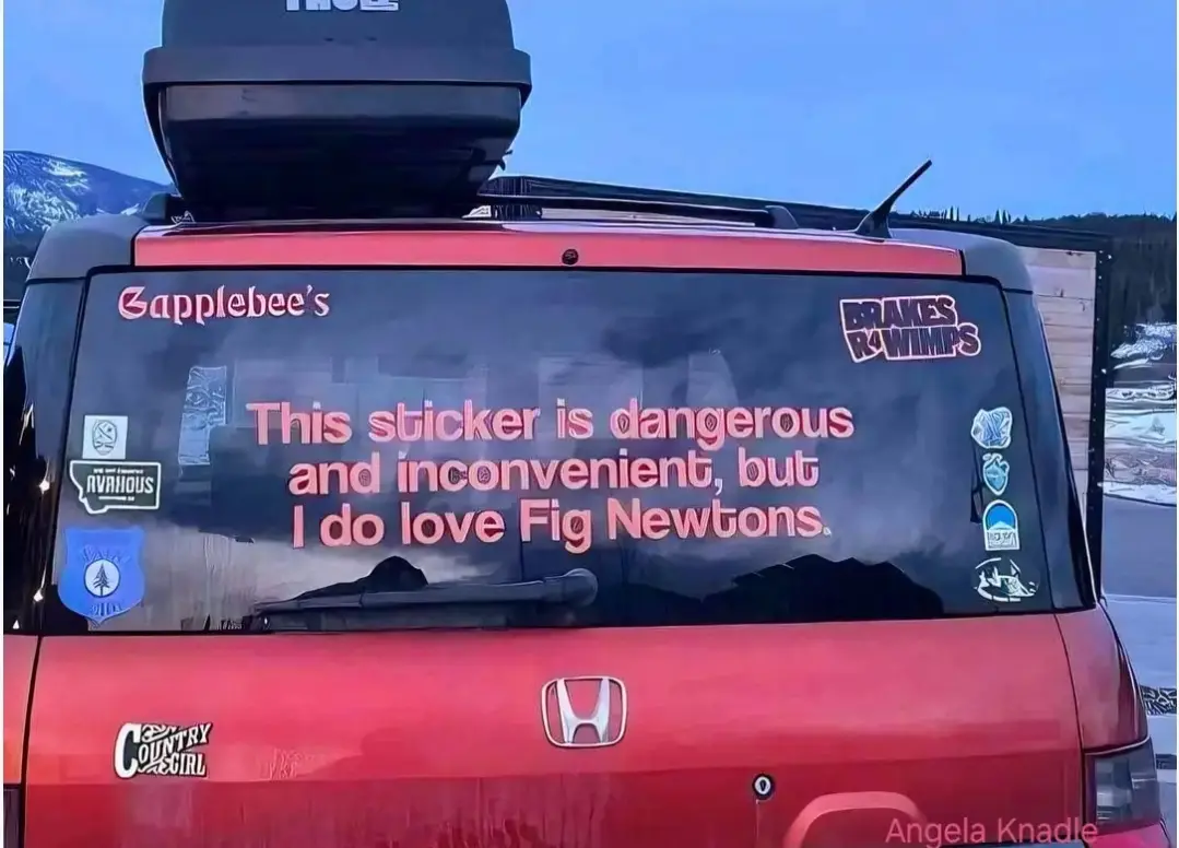 The rear window of a red Honda vehicle displays a large pink sticker that reads 'This sticker is dangerous and inconvenient…