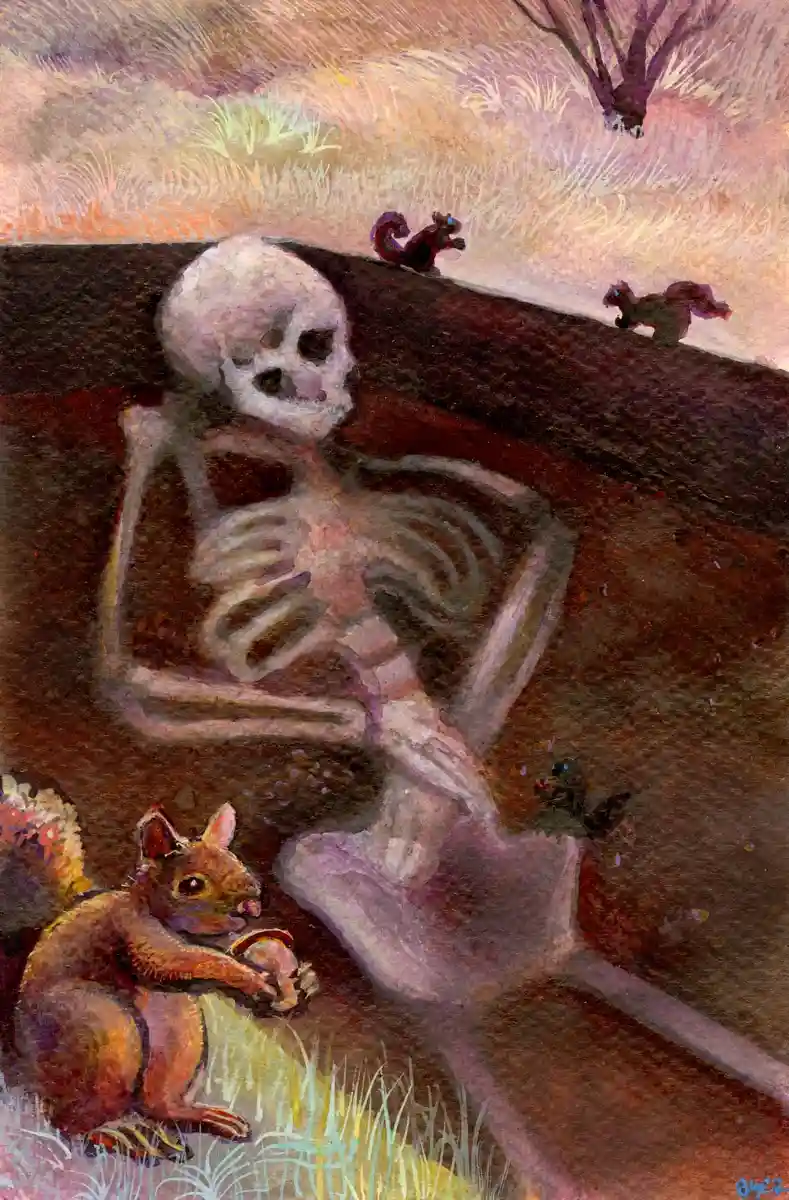 A painting depicts a human skeleton sitting upright in a dirt field, smiling, while a live squirrel in the foreground holds…