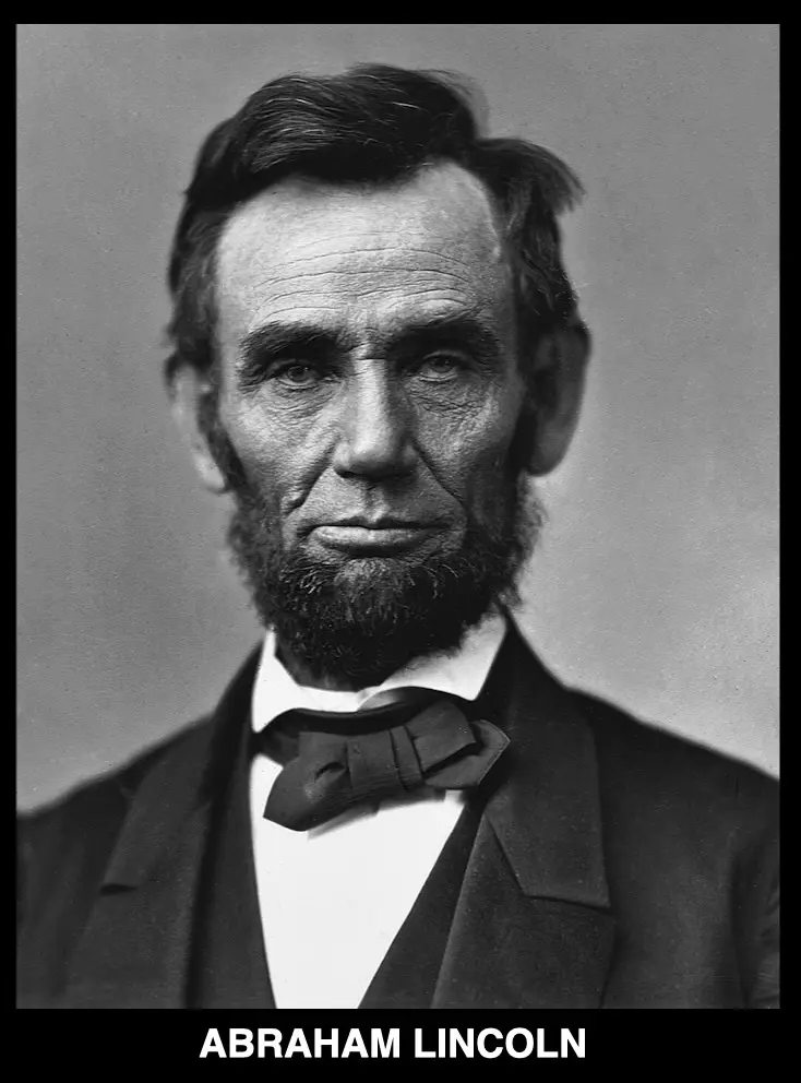 A black-and-white historical portrait of Abraham Lincoln, showing his face, beard, bow tie, and suit, with the text 'ABRAHAM…